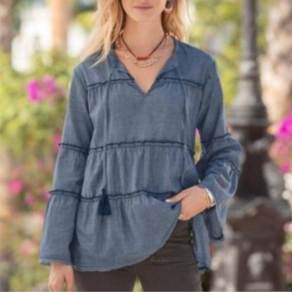 NWOT SUNDANCE Chambray Tiered Long Sleeve Tassel Top Blue Small